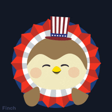 an illustration of a bird wearing a patriotic hat and a badge that says happy finch