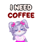 a cartoon bunny with a pink bow on her head says " i need coffee "