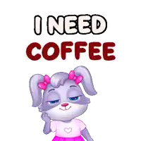 a cartoon bunny with a pink bow on her head says " i need coffee "