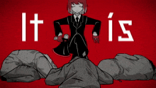 a drawing of a girl with red hair and a speech bubble that says " ironic that awake and "