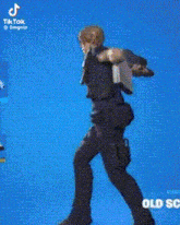 a man is playing a saxophone in a video game while standing on a blue background .