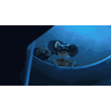 a couple of cartoon characters are swimming in a tank
