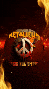 a metallica logo with a peace sign in the middle of it