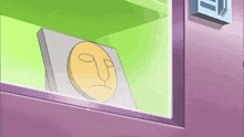 a cartoon character is looking out a window at a face