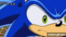 a close up of a sonic the hedgehog 's face with a serious look on his face .