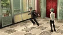 a man in a suit and tie is running towards another man in a white shirt in a video game