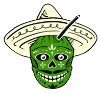 a green day of the dead skull wearing a sombrero with a straw sticking out of it .