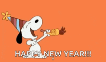 snoopy is wearing a party hat and blowing a party horn with the words happy new year written below him .
