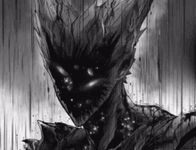 a black and white drawing of a demon with a glowing face
