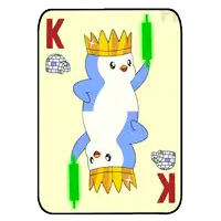 a king playing card with a penguin wearing a gold crown