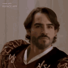 a man with a beard is wearing a red and gold embroidered costume made by reface app