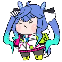 a cartoon drawing of a girl with blue hair holding a brush and a remote control .