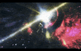 a computer generated image of a person flying through a galaxy