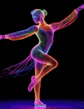 a colorful dancing figure with a long tail