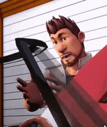 a cartoon man is holding a red box and a hammer in his hands .
