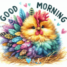 an illustration of a rooster with feathers and the words good morning around it