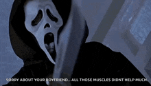 a ghostface from the movie scream is holding a knife in his hand and screaming .