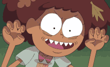 a cartoon character with a leaf on her head making a face