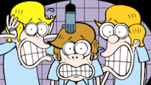 a cartoon of three people with their mouths open