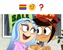 two cartoon characters are standing next to each other with a sale sign in the background