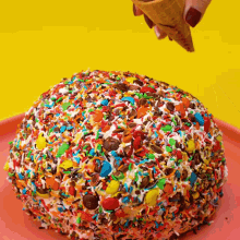 a cake covered in sprinkles and m & m 's on a plate