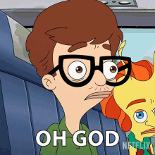 a cartoon character with glasses and the words oh god