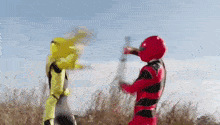 two superheros are fighting each other in a field with a blue sky in the background .