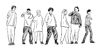 a black and white drawing of a group of people standing in a row