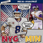 an advertisement for nyg vs min featuring a football player