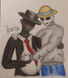 a drawing of a man in a hat and a man in a sweater with the name projektka on the bottom right
