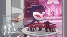 a cartoon character is sitting on a piece of meat on a plate