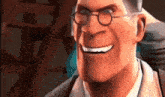 a close up of a cartoon character with glasses and a big smile on his face