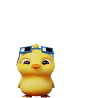 a yellow chicken wearing sunglasses says happy new year in a speech bubble