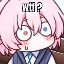 a cartoon character with pink hair and glasses is wearing a suit and tie and making a surprised face .