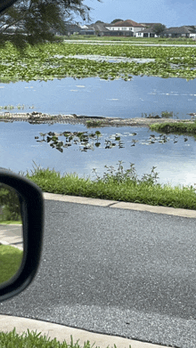 a reflection of a lake in a car 's rear view mirror