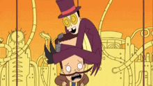 a man in a top hat is carrying another man on his shoulders