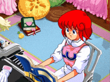 a girl with red hair is reading a book in a room