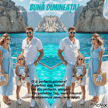 a picture of a family on a boat with a buna dimineata message