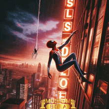 a poster of a spider-man hanging from a building