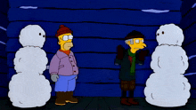 two cartoon characters are standing next to snowmen
