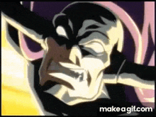 a close up of a cartoon character 's face with a very angry look on his face .