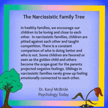 a poster titled the narcissistic family tree by dr. karyl mcbride psychology today