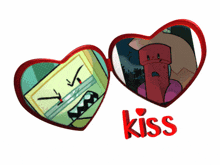 a couple of hearts with the word kiss in the middle