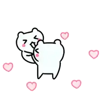 two white bears are kissing each other in a cartoon with pink hearts around them .