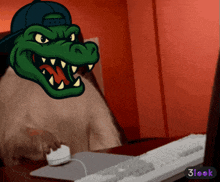 a cartoon of a crocodile wearing a hat is sitting in front of a computer