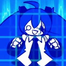 a blue and white cartoon character is standing in front of a blue grid .