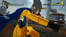 a video game screen shows a superhero with a cape and the number 5 hits