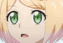 a close up of a girl with green eyes