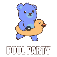 a cartoon of a teddy bear holding a rubber duck with the words pool party underneath it