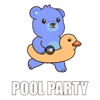 a cartoon of a teddy bear holding a rubber duck with the words pool party underneath it